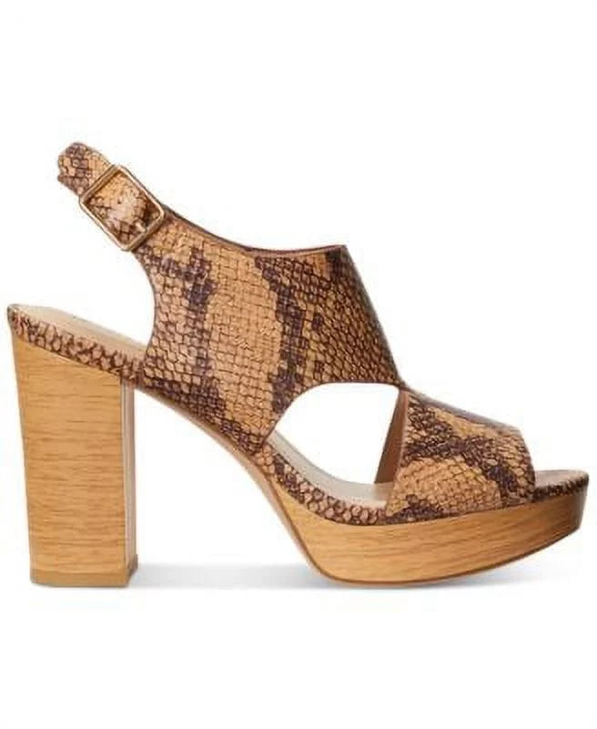 LAUREN RALPH LAUREN Womens Beige Snake 1" Platform Cut Out Feona Round Toe Block Heel Buckle Leather Dress Slingback Sandal 8.5