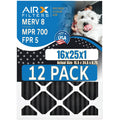 16x25x1 Air Filter MERV 8 Rating, 12 Pack of Furnace Filters Comparable to MPR 700, FPR 5, Pet Odor Retention Filters - Made in by AIRX FILTERS WICKED CLEAN AIR.