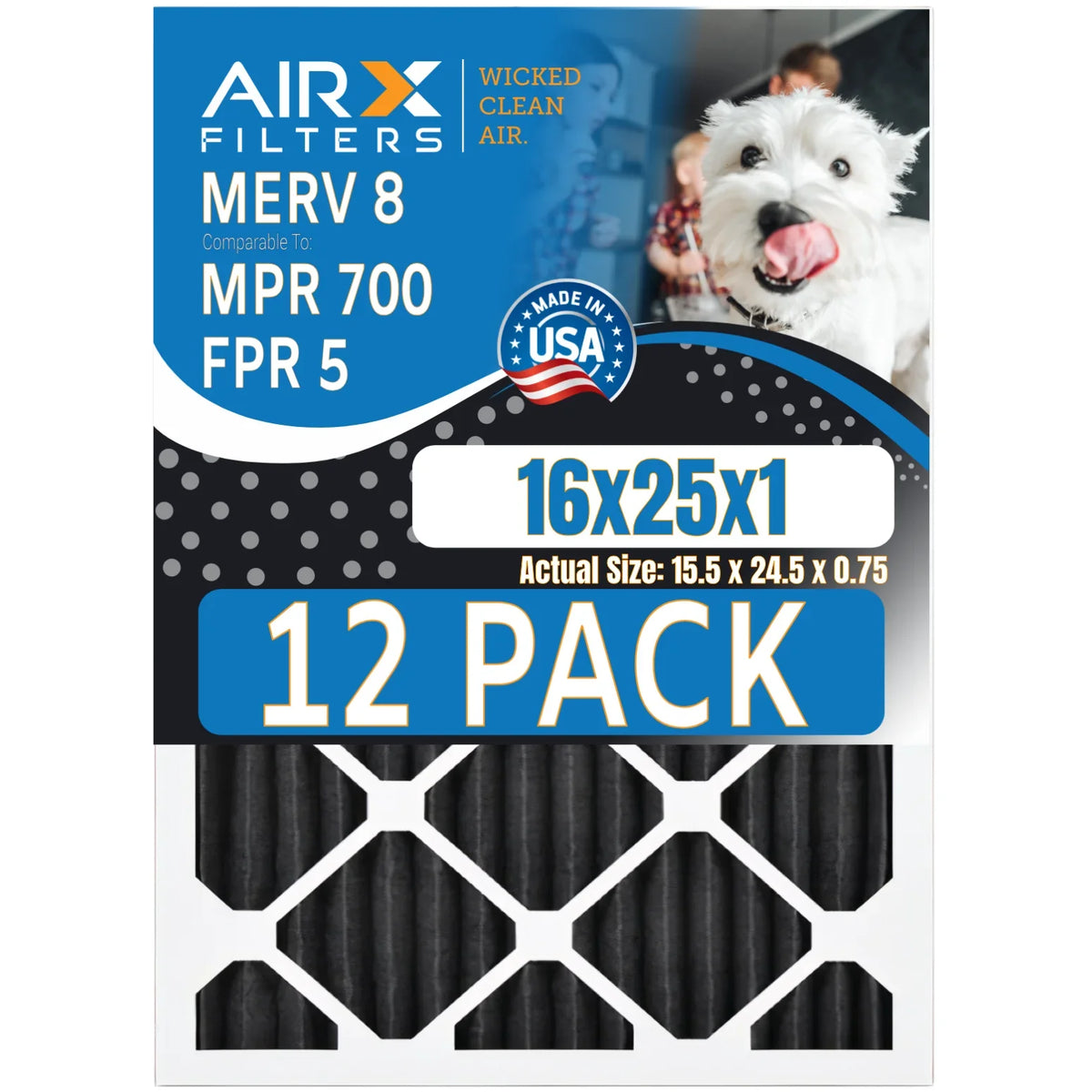 16x25x1 Air Filter MERV 8 Rating, 12 Pack of Furnace Filters Comparable to MPR 700, FPR 5, Pet Odor Retention Filters - Made in by AIRX FILTERS WICKED CLEAN AIR.