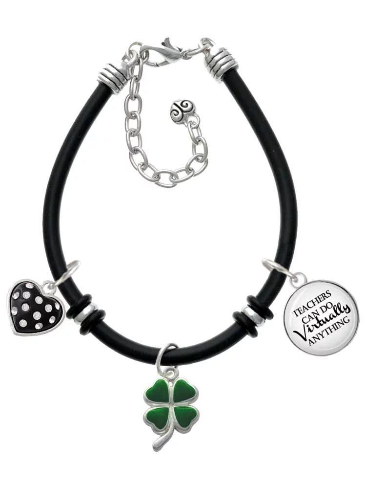 Delight Jewelry Silvertone Green Four Leaf Clover with Heart Leaves Dome Teachers Can Do Virtually Anything Black Rubber Charm