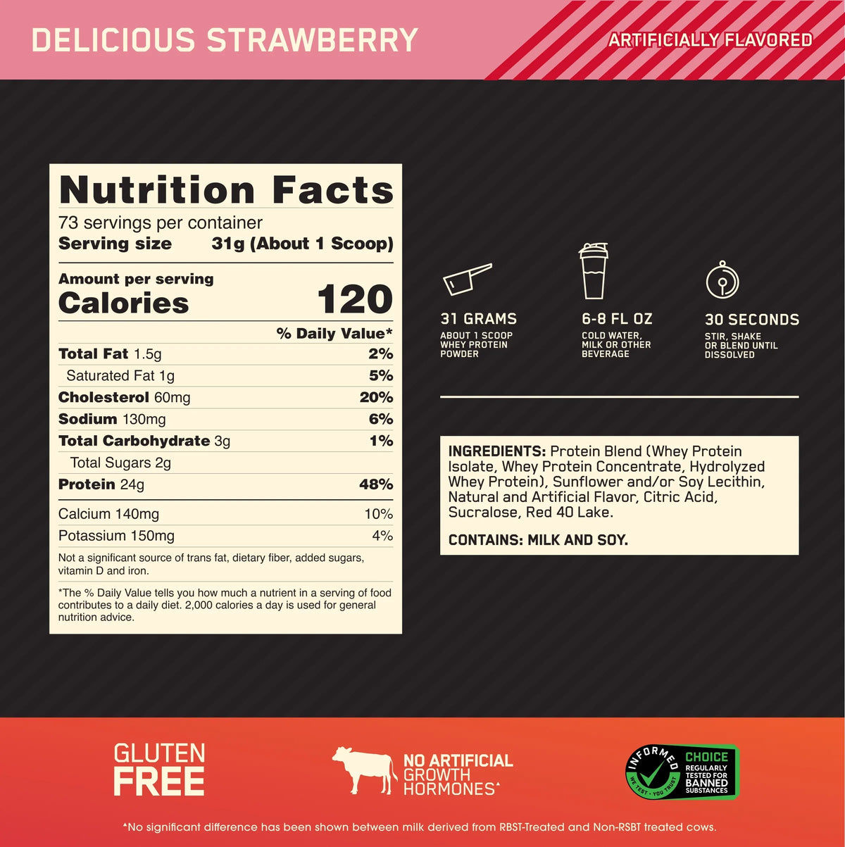 Optimum Nutrition, Gold Standard 100% Whey Protein Powder, Delicious Strawberry, 5 lb, 73 Servings