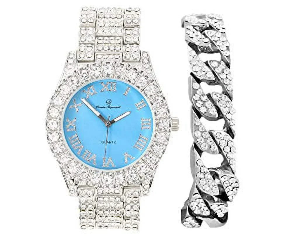 Mens Silver Big Rocks with Roman Numerals Fully Iced Out Colorful Dial Watch w/Bling'ed Out Cuban Shiny Silver - ST10327 RN Cuban (Silver Baby Blue)