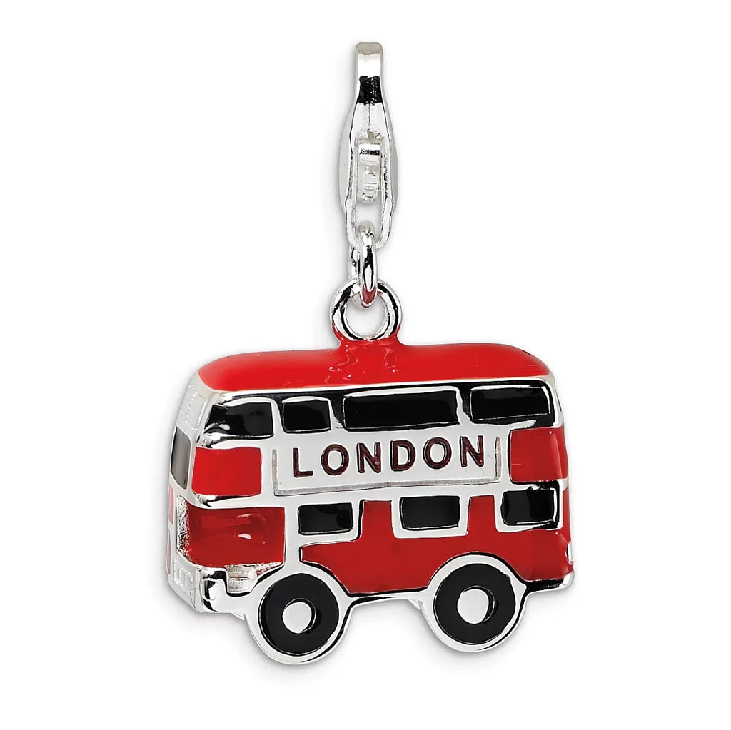 Sterling Silver 3-D Enameled Double Decker London Bus Lobster Clasp Charm