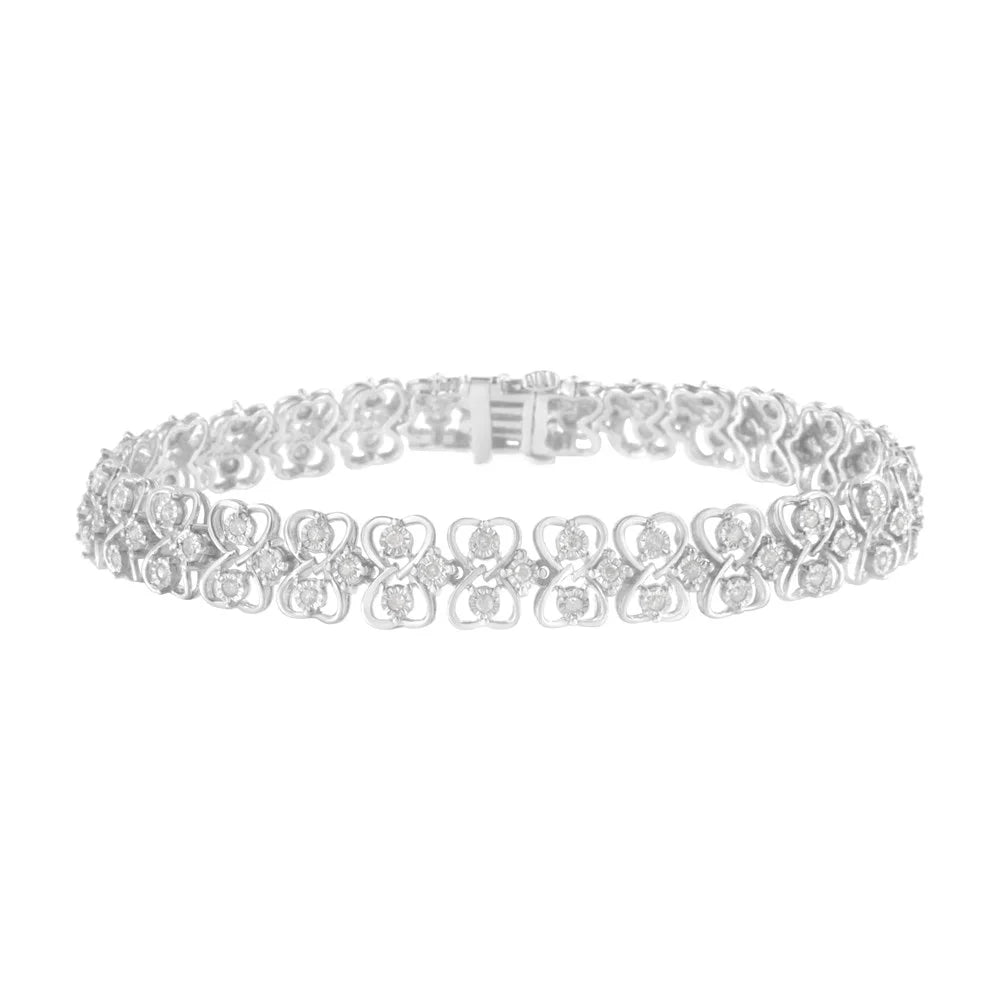 .925 Sterling Silver 1.0 cttw Round-cut Diamond 2-Row Heart Link Tennis (I-J, I2-I3) - 7"