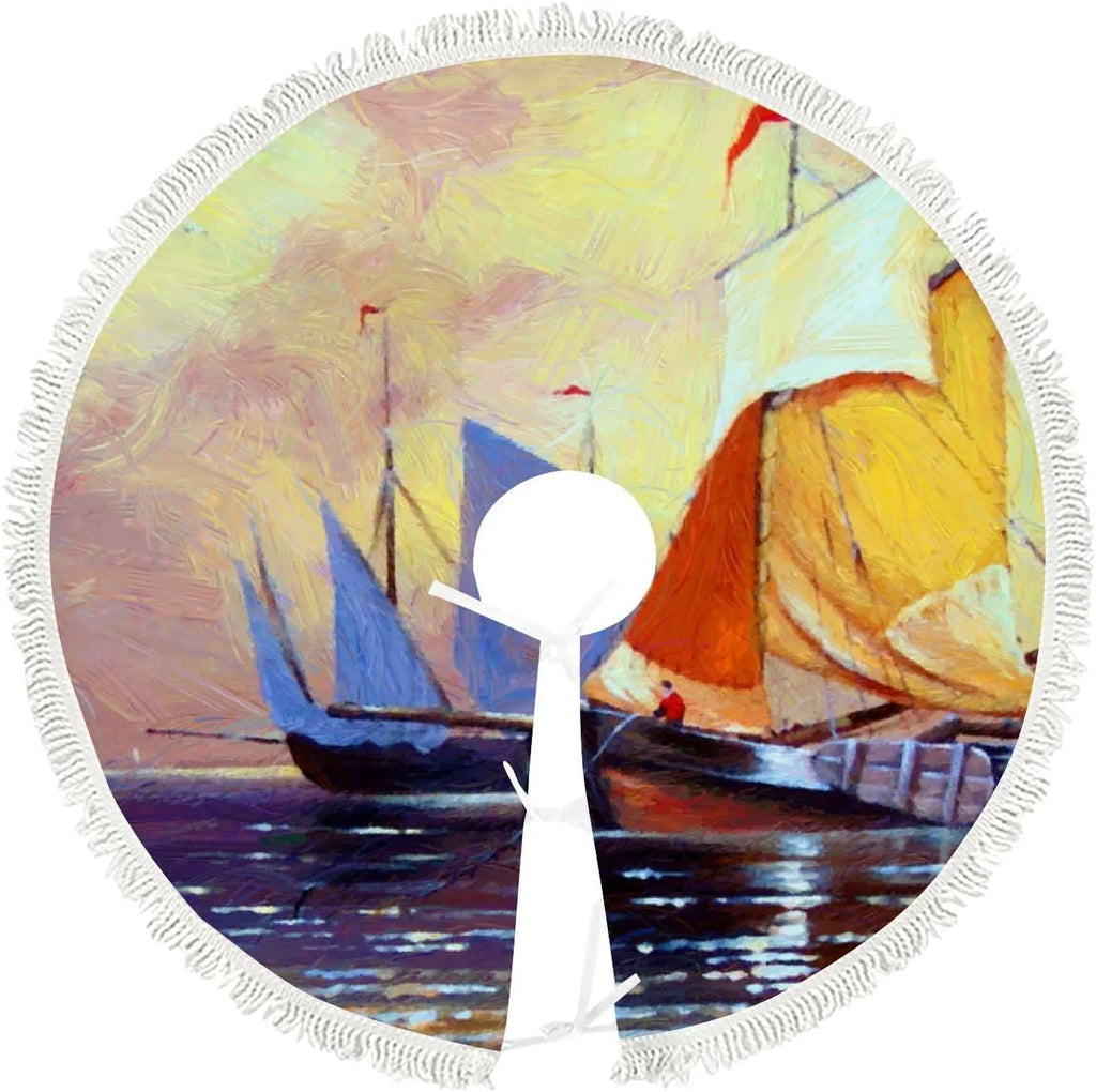 Wellsay Christmas Tree Skirt Fishing Ship Sea Landscape with Tassel 30 inch, Xmas Tree Decorations Farmhouse for All Season Holidays Wedding Party Slim Tree Mat Decor Ornaments