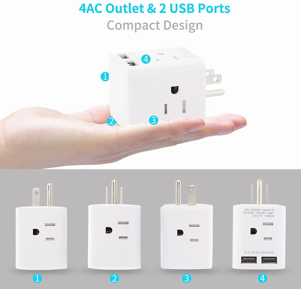 Multi Plug Outlet Extender with 2 USB and 4 AC Sockets, Wonplug Right Angle Plug Adapter Splitter 3 Prong Adapter Wide Spaced Cube Wall Charger for Home Office Cruise Ship Travel,White