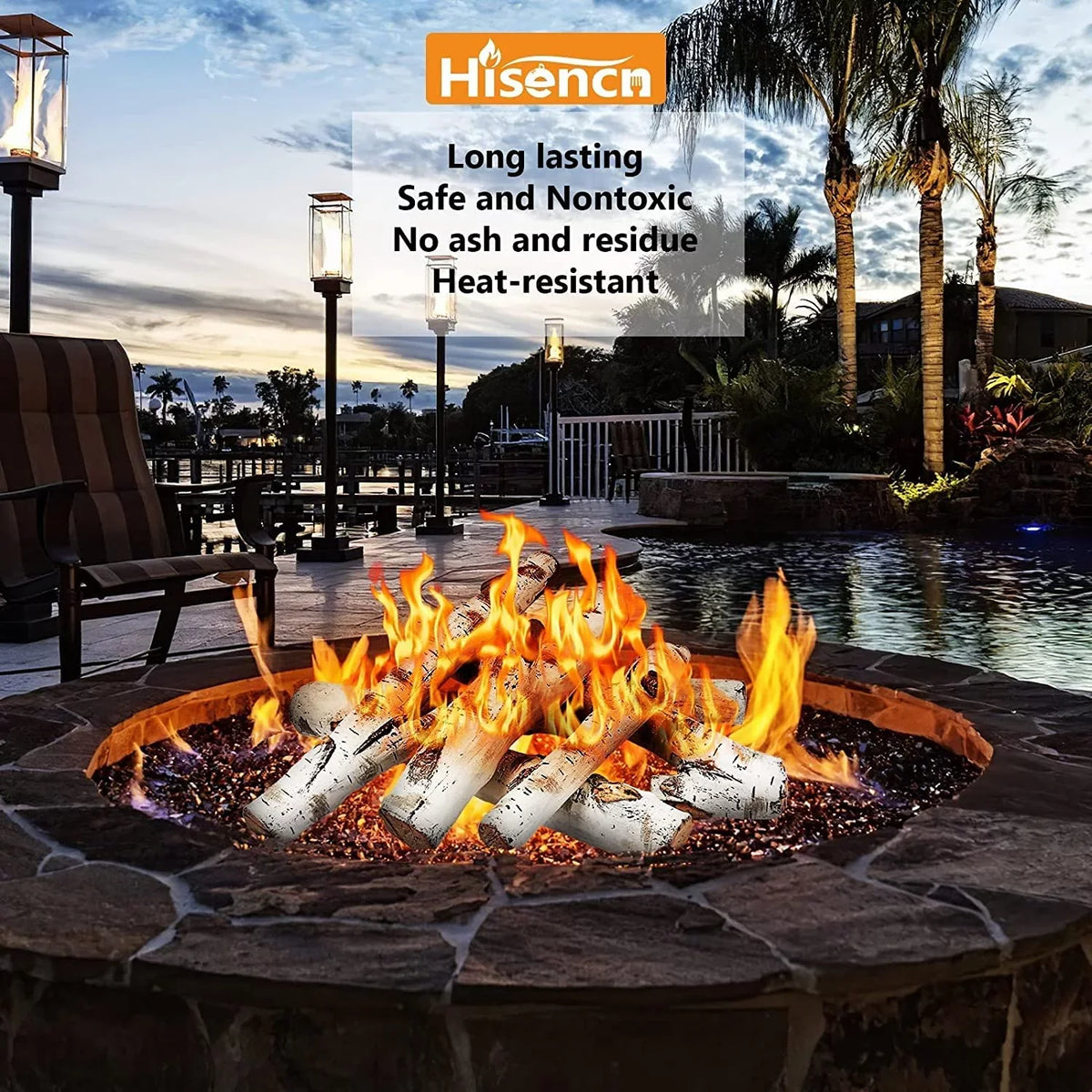 Grisun 26.8" Large Gas Fireplace Logs, Ceramic White Birch Wood Logs for Indoor Inserts, Outdoor Firebowl, Fire Pits, Vented, Propane, Gel, Ethanol, Electric, Realistic Fireplace Decoration, 6 Pcs