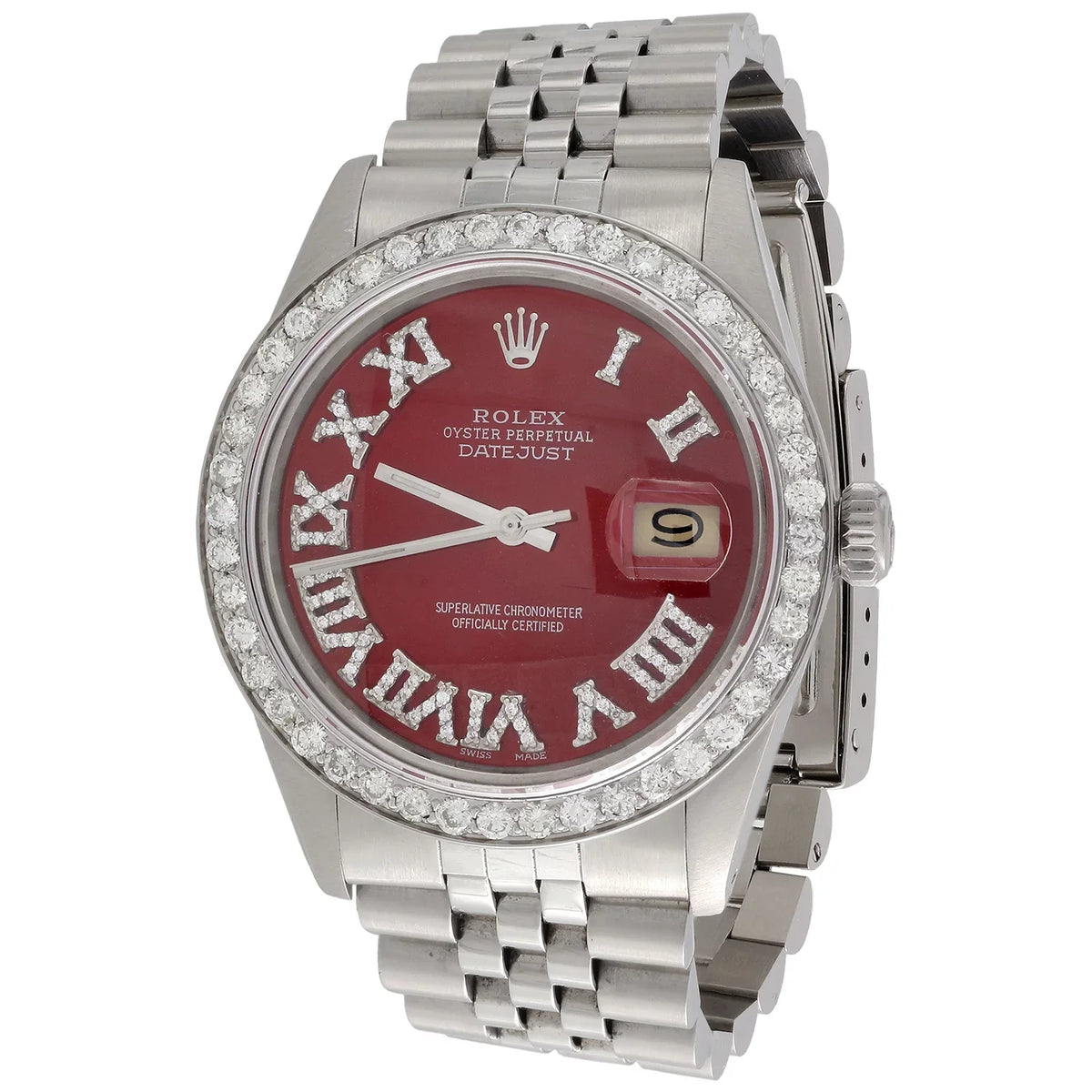 Diamond Roman Numeral Red Dial to Fit DateJust Rolex 36mm Quick Set 1/2 CT.
