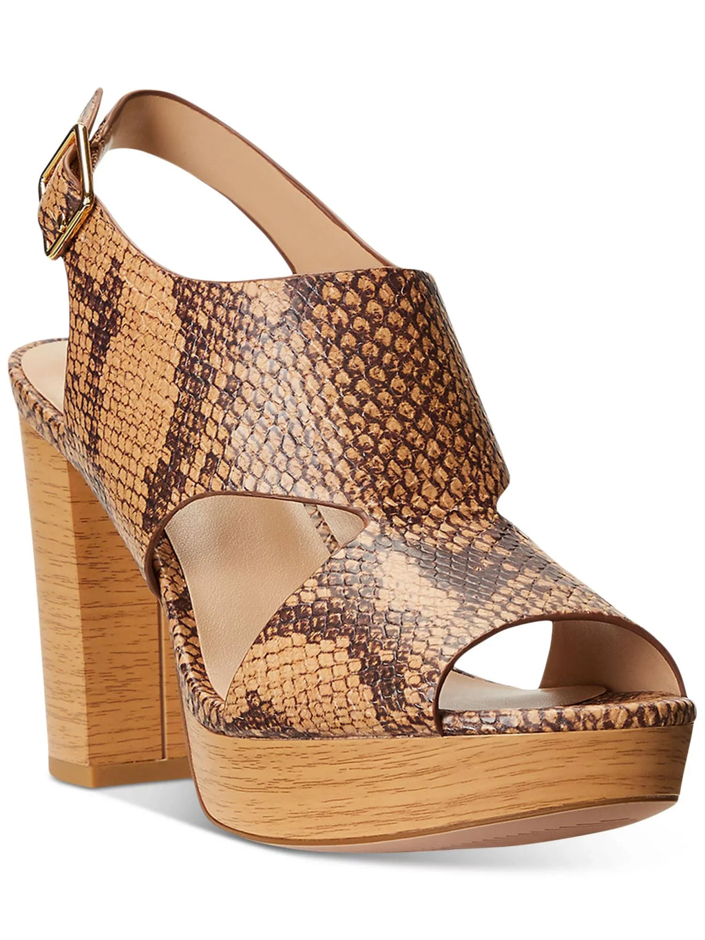 LAUREN RALPH LAUREN Womens Beige Snake 1" Platform Cut Out Feona Round Toe Block Heel Buckle Leather Dress Slingback Sandal 8.5