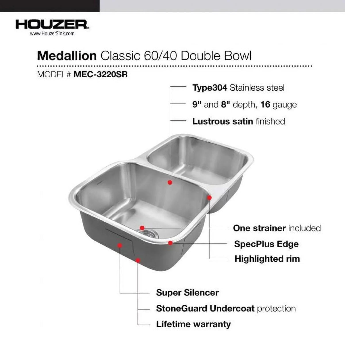 Houzer MEC-3220SR-1 31-1/2" x 17-15/16" x 20-3/16" 31-1/2" x 20-3/16" Stainless Steel Undermount 60/40 Double Bowl Kitchen Sink, Small Bowl Right
