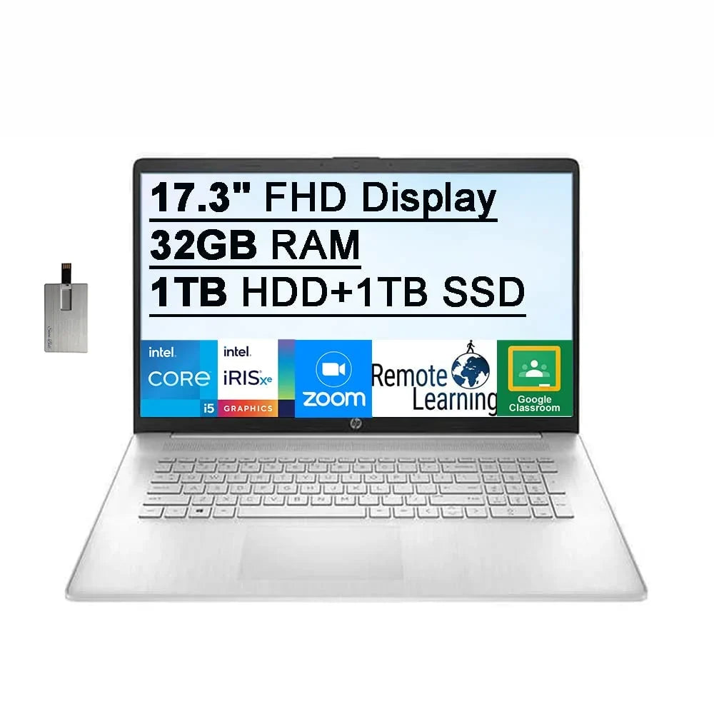 HP 2021 17.3" FHD IPS 250 Nits Laptop Computer, Intel Core i5-1155G7 Processor, 32GB RAM, 1TB HDD+ 1TB SSD, Backlit Keyboard, Intel Iris Xe Graphics, HD Webcam, HD Audio, Win11, Silver, 32GB USB Card