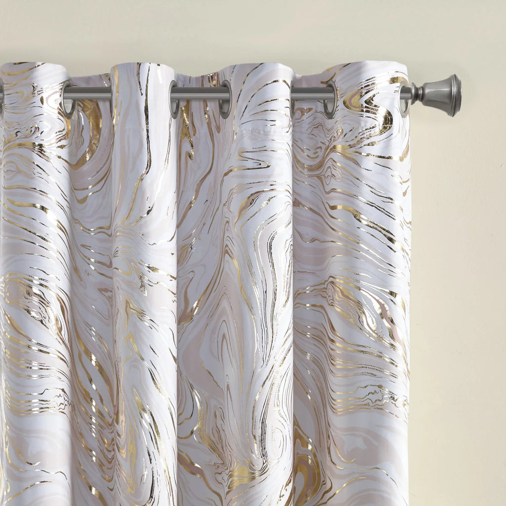 Intelligent Design Rebecca Grommet Top Printed Marble Metallic Total Blackout Curtain, Blush/Gold, 50x84"