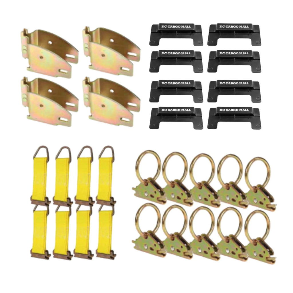 """E-Track TieDown Kit: 4 Wood Beam Sockets, 10 O Rings, 8 End Caps, 8 Rope TieOffs. Ideal TieDown Accessories Bundle for Trucks, Warehouses, Docks, Trailers, Ship E-track NOT included."""