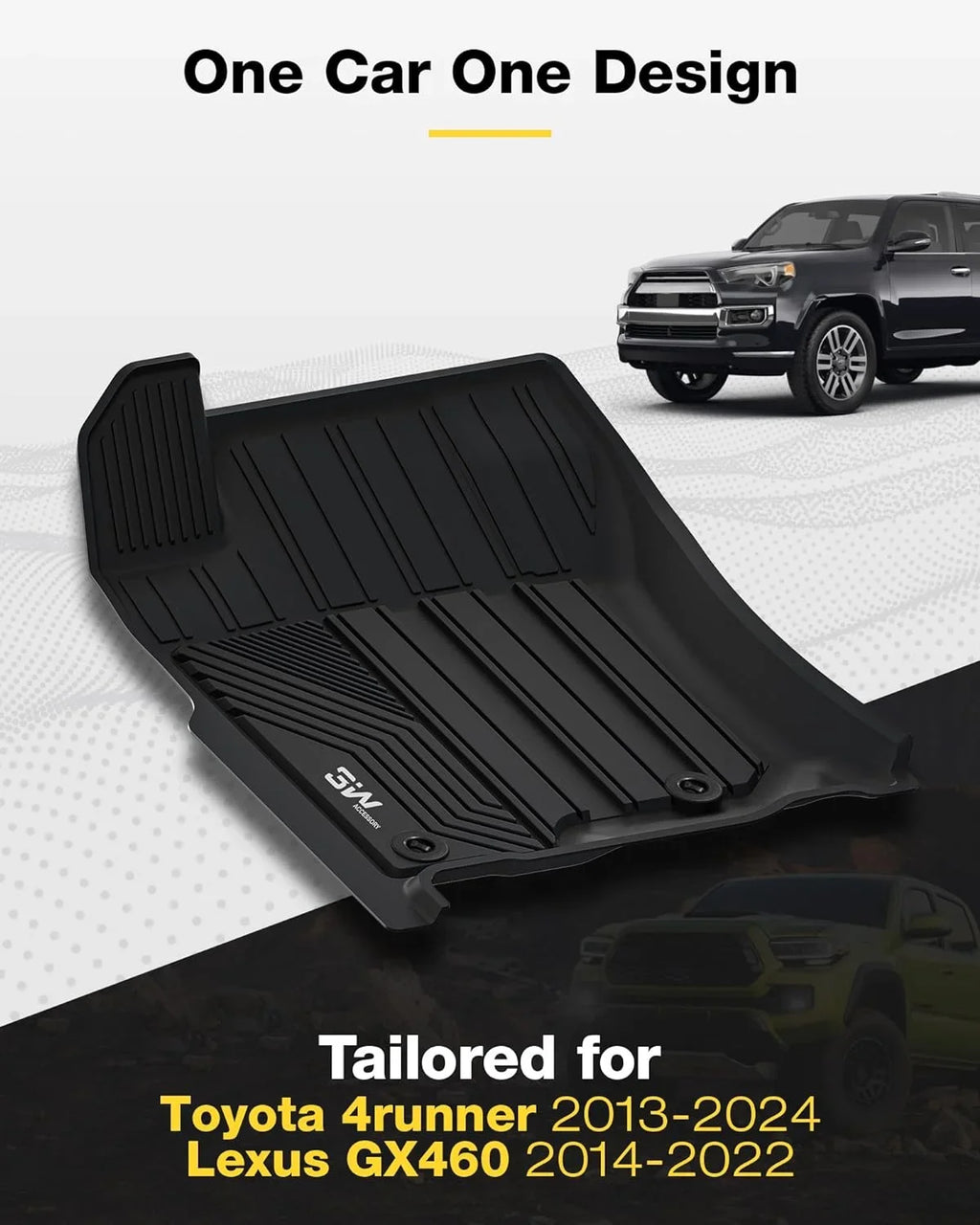 3W Floor Mats & Cargo Liner For Fit Toyota 4Runner 2013-2024/Lexus GX460 2014-2022 Custom Fit Floor Liners and Trunk Mat for 5 Seat 4Runner & GX460) 1st & 2nd Row Full Set Black Car Mats