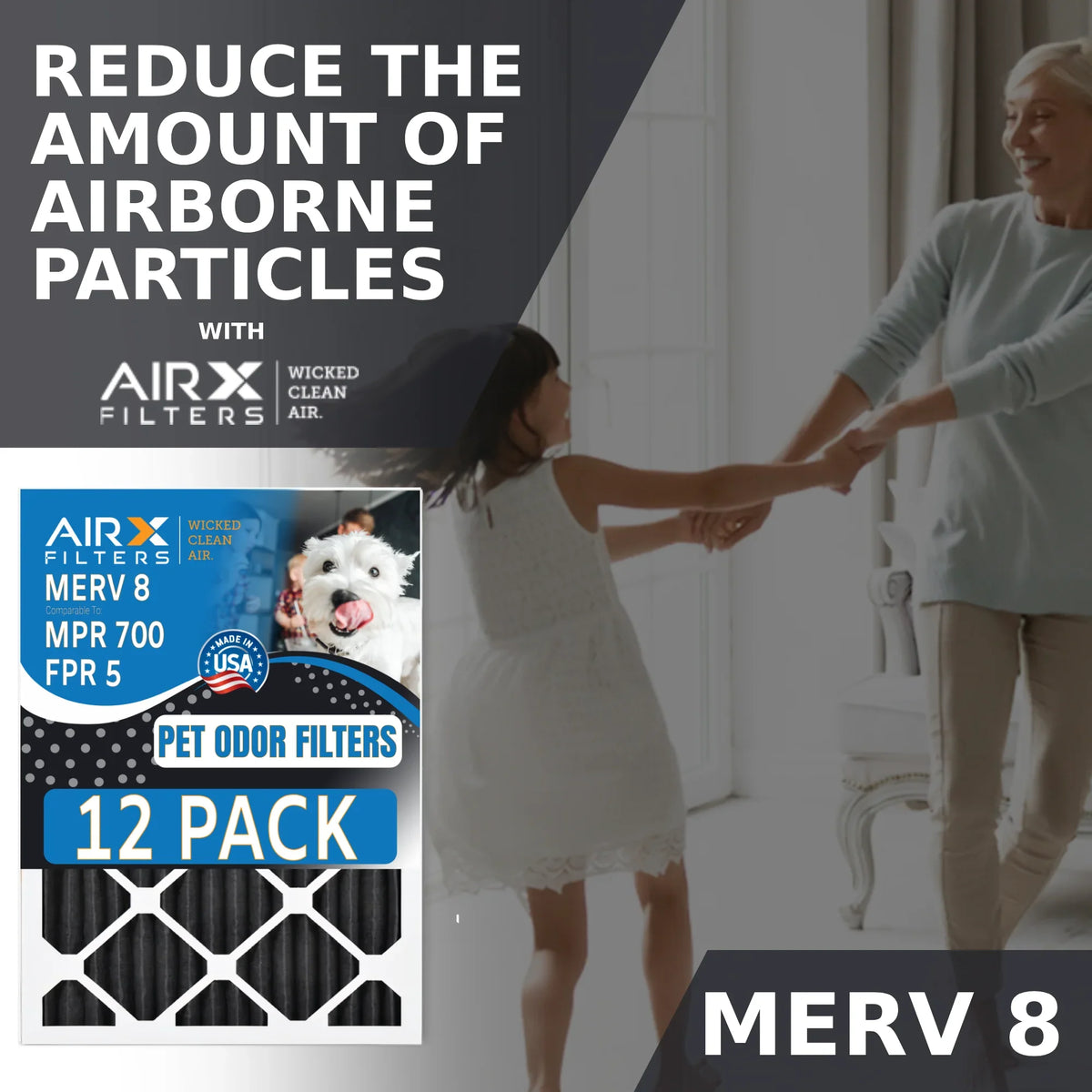 16x25x1 Air Filter MERV 8 Rating, 12 Pack of Furnace Filters Comparable to MPR 700, FPR 5, Pet Odor Retention Filters - Made in by AIRX FILTERS WICKED CLEAN AIR.