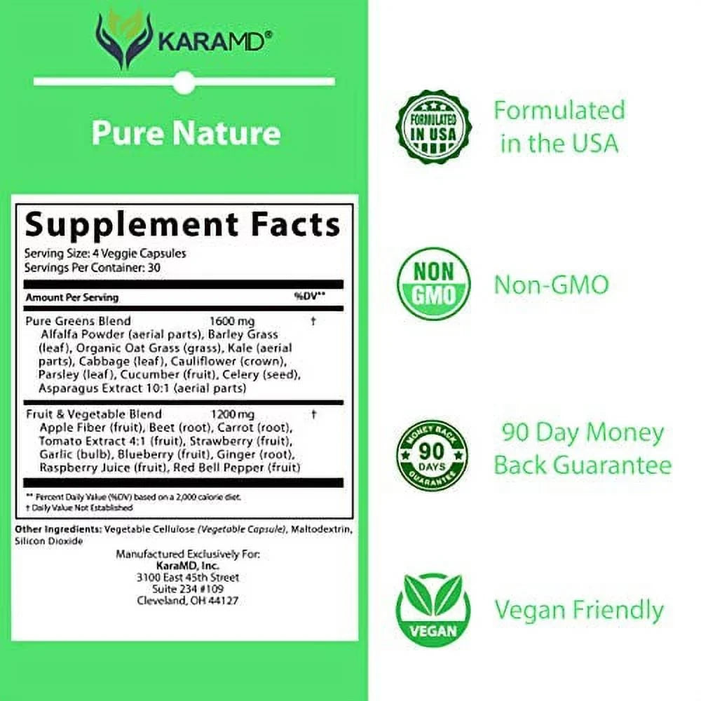 KaraMD Pure Nature | Dr Formulated Greens, Fruit & Vegetable Whole Food Health Supplement | Vitamins, Fiber & Antioxidant Superfood Nutrition | Natural Energy, Digestion & Immunity Boost, 120 Capsules