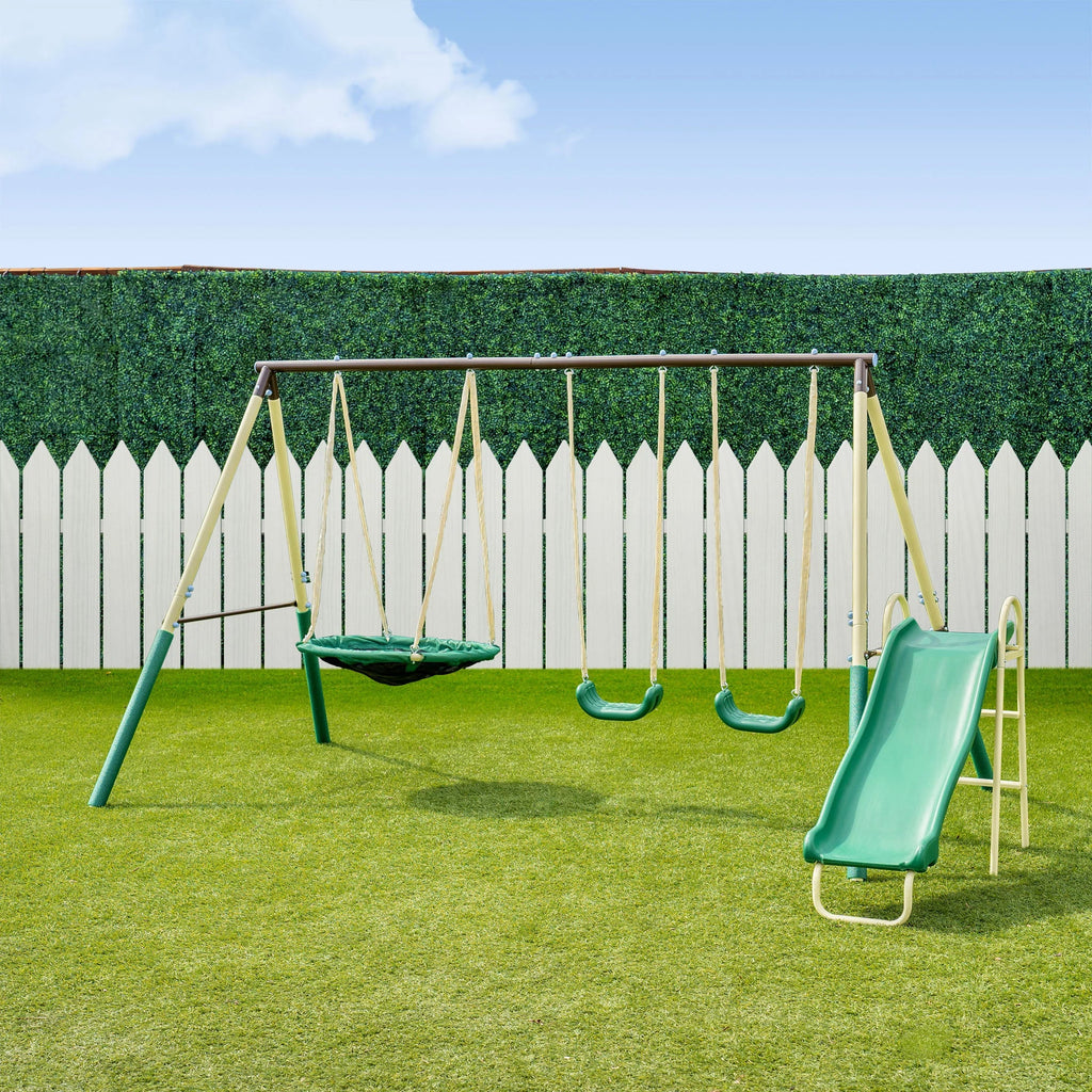 Sportspower Super Saucer Metal Swing Set with Padded Saucer Swing, Lifetime Warranty on Blow Molded Slide, and BONUS Anchor Kit