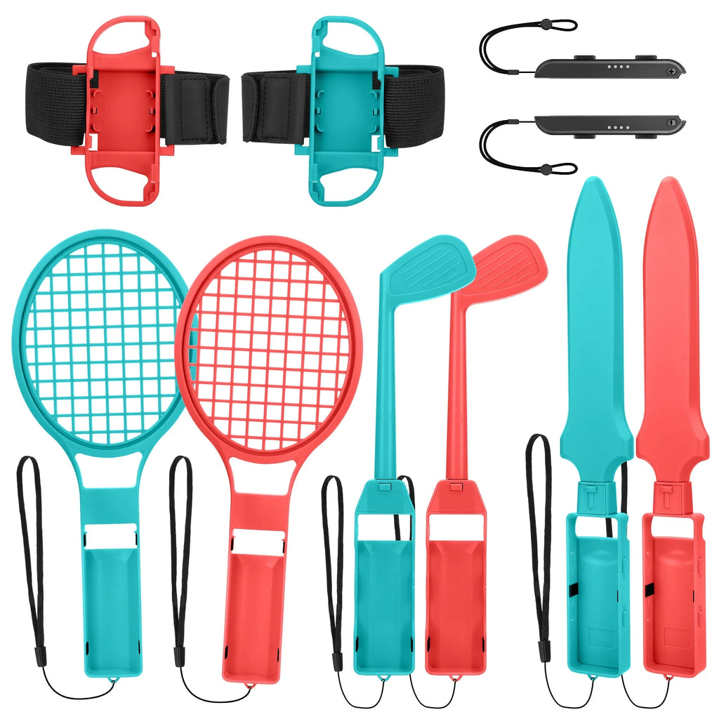 TSV 10-in-1 Switch Sports Games Accessories Kit for Nintendo Switch/OLED, Family Accessories Kit with Tennis Racket, Swords, Golf Clubs Grip, Bowling Grip, Leg/Wrist Strap
