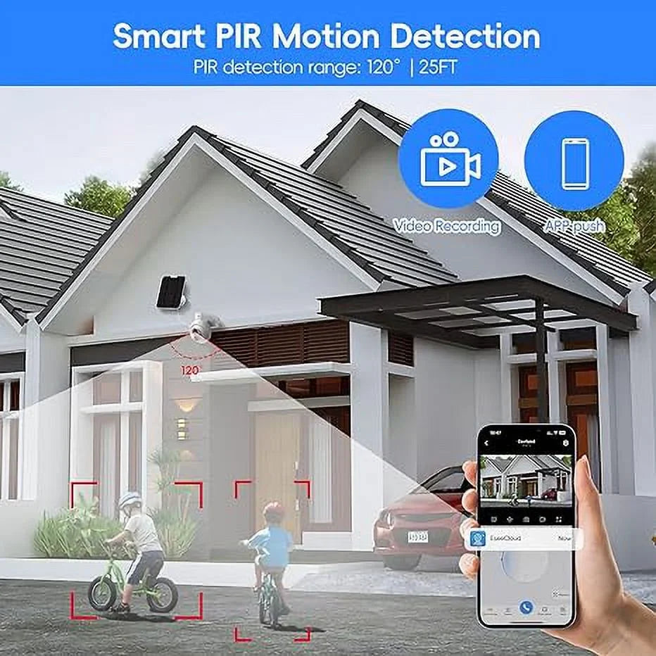4MP HD Solar Security Camera Outdoor, Security Camera Wireless WiFi With 9000mAh Battery Capacity, 360° View, PIR Motion Detection, Full Color Night Vision, IP66 Waterproof, Two-Way Talk