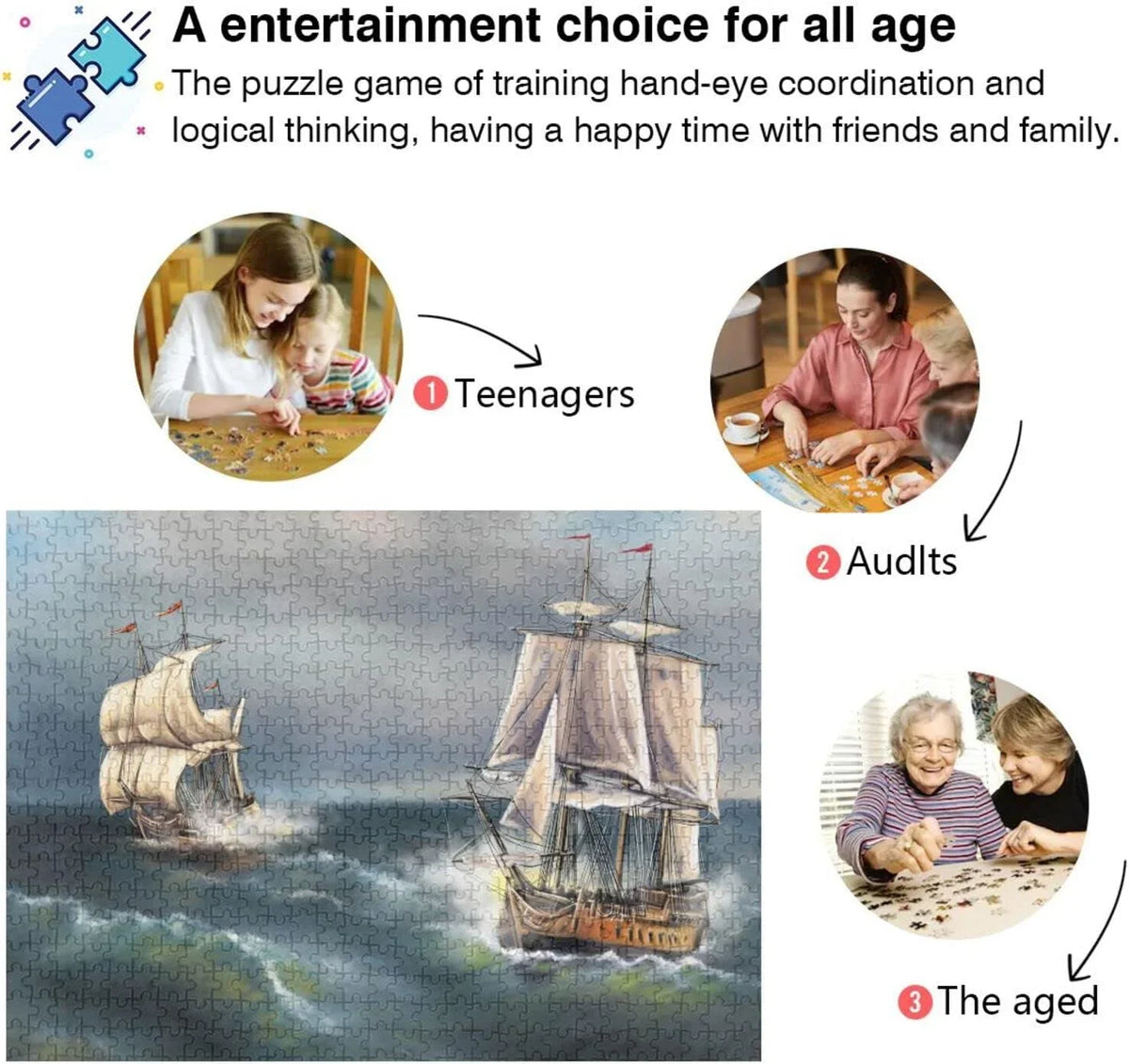 SKYSONIC Oil Paintings Sea Landscape Ship 500 Pcs of Irregular Puzzle in a Box, Printed with Colored Letters on Back to Reduce Difficulty, a Happy Time of Cooperation