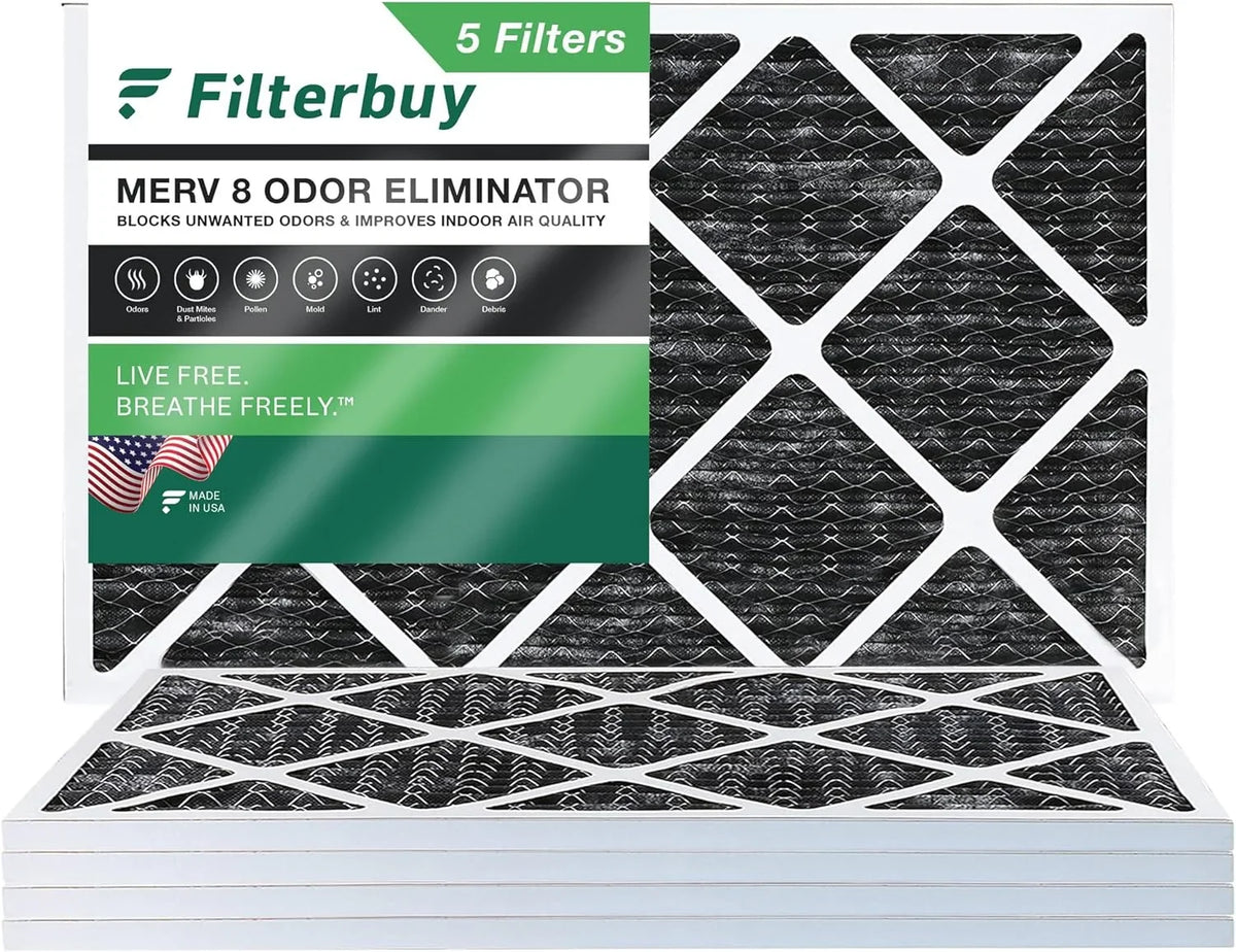 Filterbuy 16x30x1 MERV 8 Odor Eliminator Pleated HVAC AC Furnace Air Filters with Activated Carbon (5-Pack)