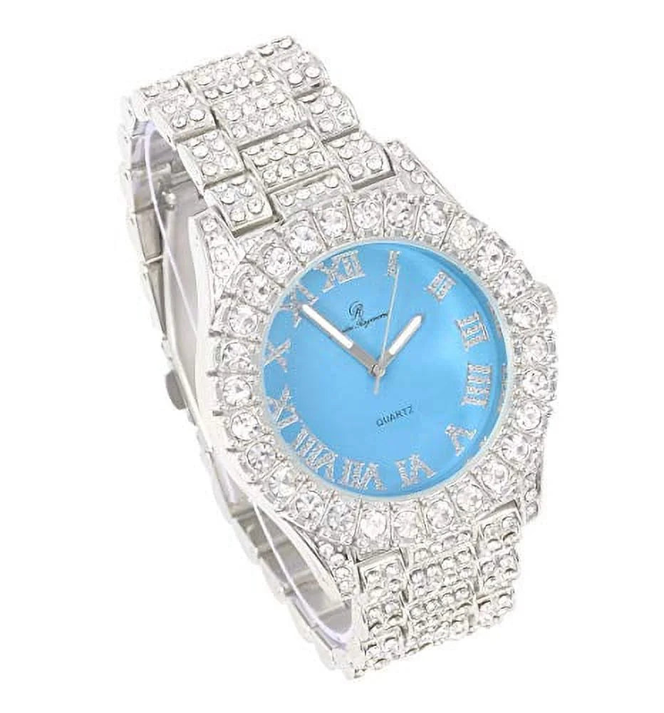 Mens Silver Big Rocks with Roman Numerals Fully Iced Out Colorful Dial Watch w/Bling'ed Out Cuban Shiny Silver - ST10327 RN Cuban (Silver Baby Blue)