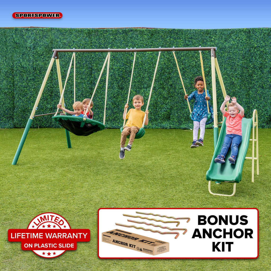 Sportspower Super Saucer Metal Swing Set with Padded Saucer Swing, Lifetime Warranty on Blow Molded Slide, and BONUS Anchor Kit