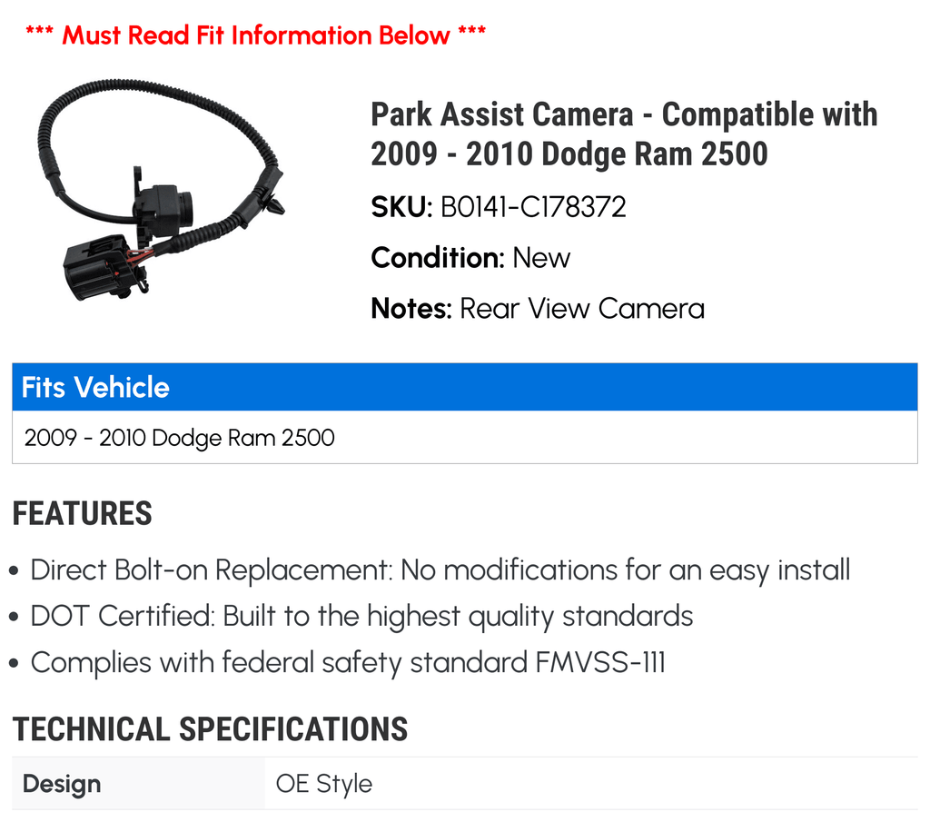 Park Assist Camera - Compatible with 2009 - 2010 Dodge Ram 2500