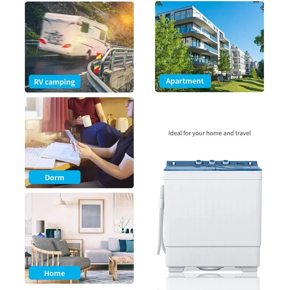 BMTBUY Twin Tub with Built-in Drain Pump XPB65-2288S 26Lbs Semi-automatic Twin Tube Washing Machine for Apartment, Dorms, RVs, Camping and More, White&Blue