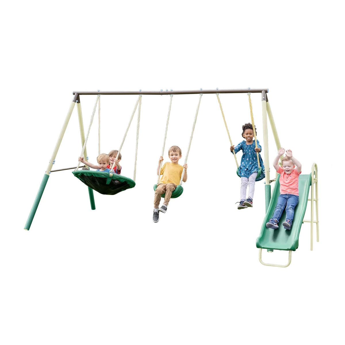 Sportspower Super Saucer Metal Swing Set with Padded Saucer Swing, Lifetime Warranty on Blow Molded Slide, and BONUS Anchor Kit