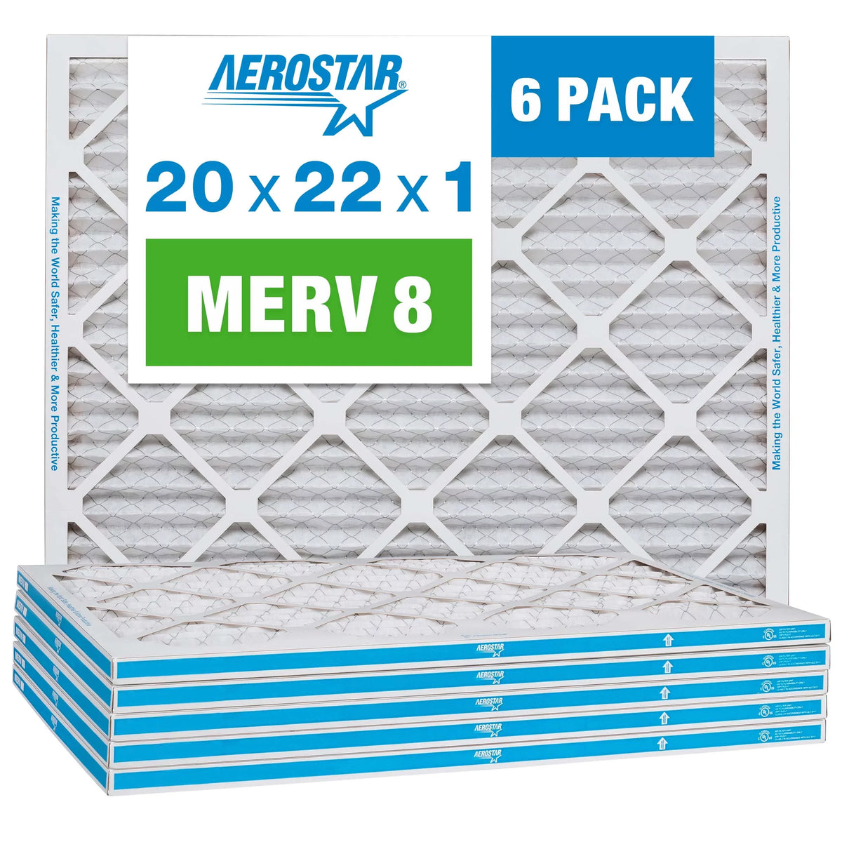 Aerostar 20x22x1 MERV 8 Pleated Air Filter, AC Furnace Air Filter, 6 Pack