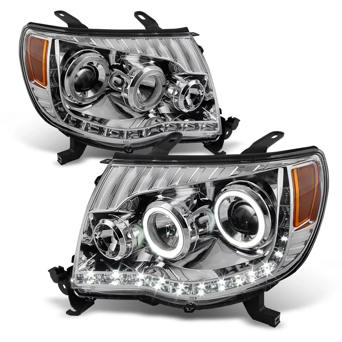 AKKON - For Toyota Tacoma Chrome Clear Dual Halo Ring DRL Daylight LED Projector Headlights Replacement Pair