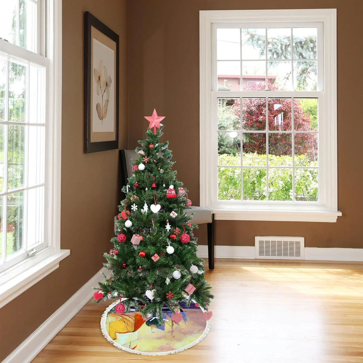 Wellsay Christmas Tree Skirt Fishing Ship Sea Landscape with Tassel 30 inch, Xmas Tree Decorations Farmhouse for All Season Holidays Wedding Party Slim Tree Mat Decor Ornaments