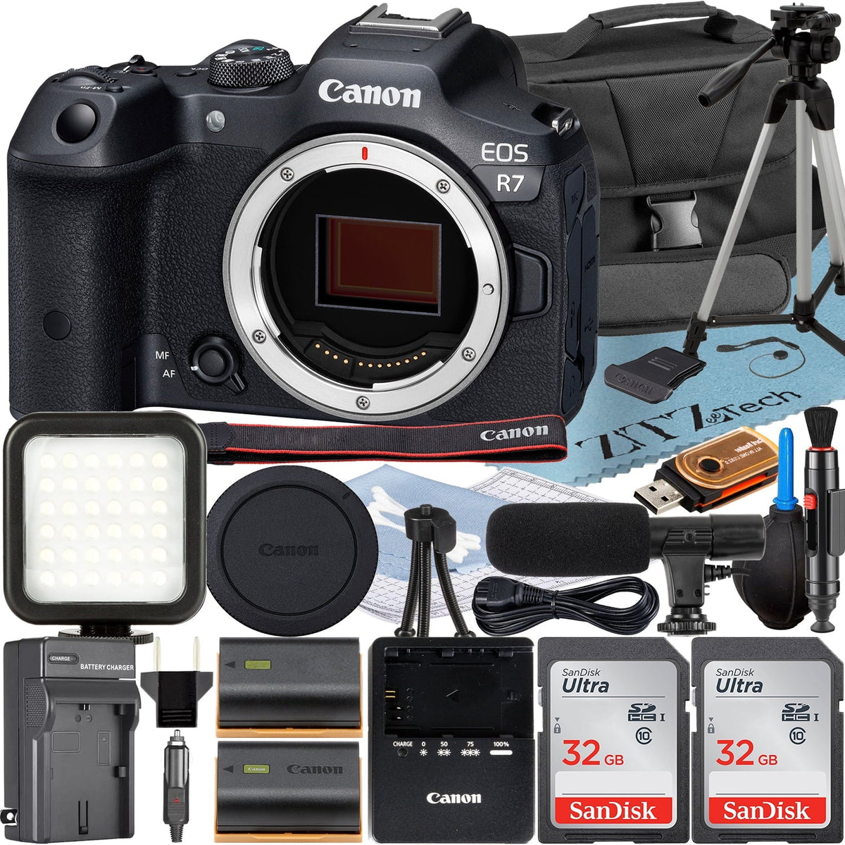 Canon EOS R7 Mirrorless Camera (Body) with 2 Pack SanDisk 32GB Memory Card + Case + ZeeTech Accessory