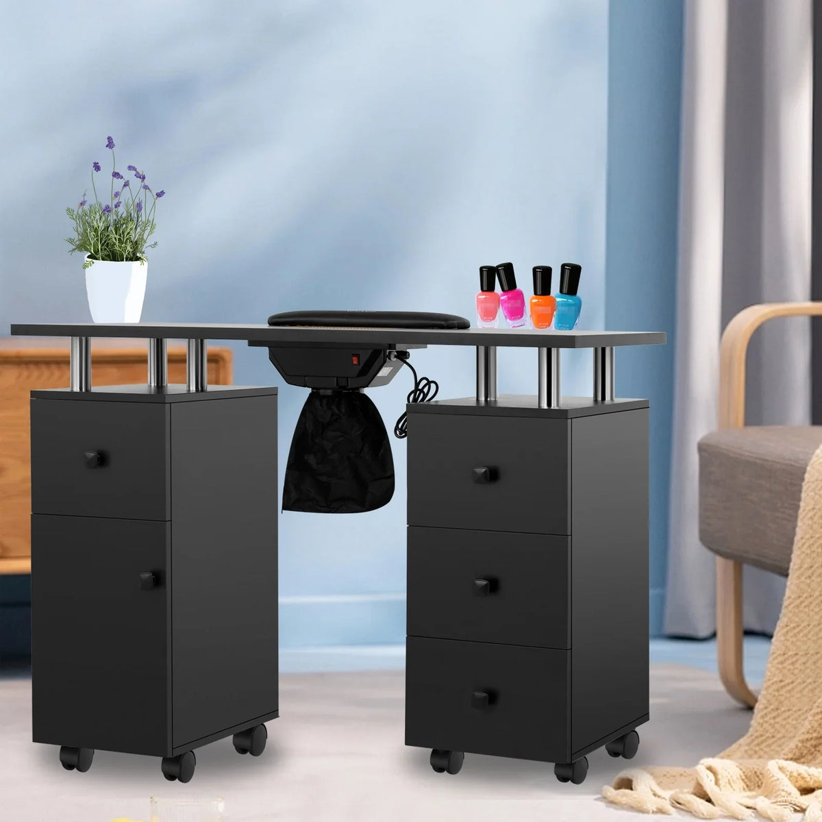 LUXMARS Manicure Table Nail Desk for Technician, Nail Table w/ Electric Dust Collector & Wrist Rest Cushion, Acetone Resistant Nail Table Station w/Lockable Wheels & Drawers & Cabinet - Black