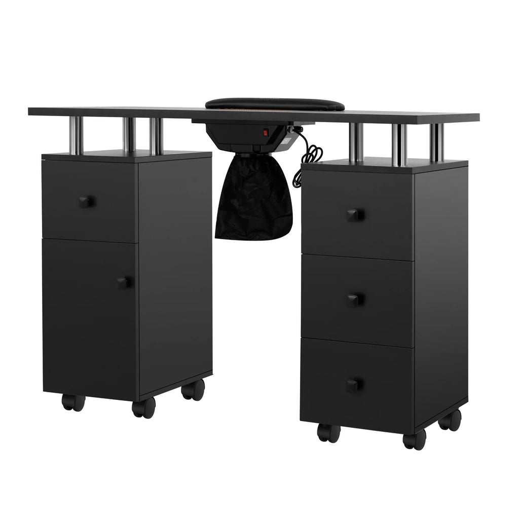 LUXMARS Manicure Table Nail Desk for Technician, Nail Table w/ Electric Dust Collector & Wrist Rest Cushion, Acetone Resistant Nail Table Station w/Lockable Wheels & Drawers & Cabinet - Black