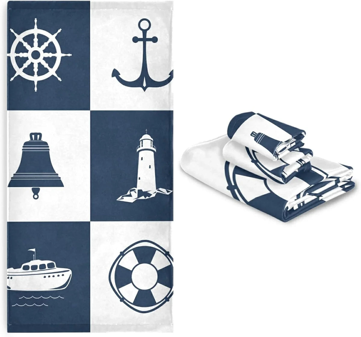 Dreamtimes Bath Towel Sets for Bathroom Hand Towels Fingertip Towels Sailing Vessel Anchor Lighthouse Checked 3 Piece Decorative Soft Cotton Absorbent
