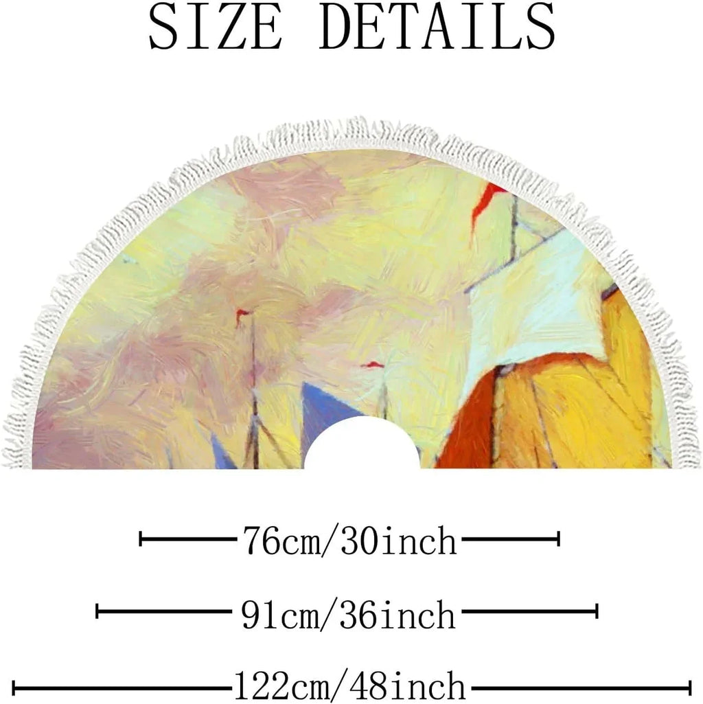Wellsay Christmas Tree Skirt Fishing Ship Sea Landscape with Tassel 30 inch, Xmas Tree Decorations Farmhouse for All Season Holidays Wedding Party Slim Tree Mat Decor Ornaments
