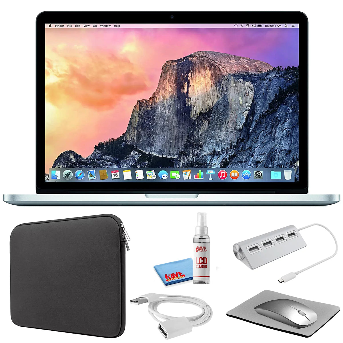Apple MacBook Pro 13-inch (i5 2.7GHz, 128GB SSD) (Early 2015, MF839LL/A) - Silver Bundle with Black Zipper Sleeve + Laptop Starter Kit + Cleaning Kit (Refurbished)