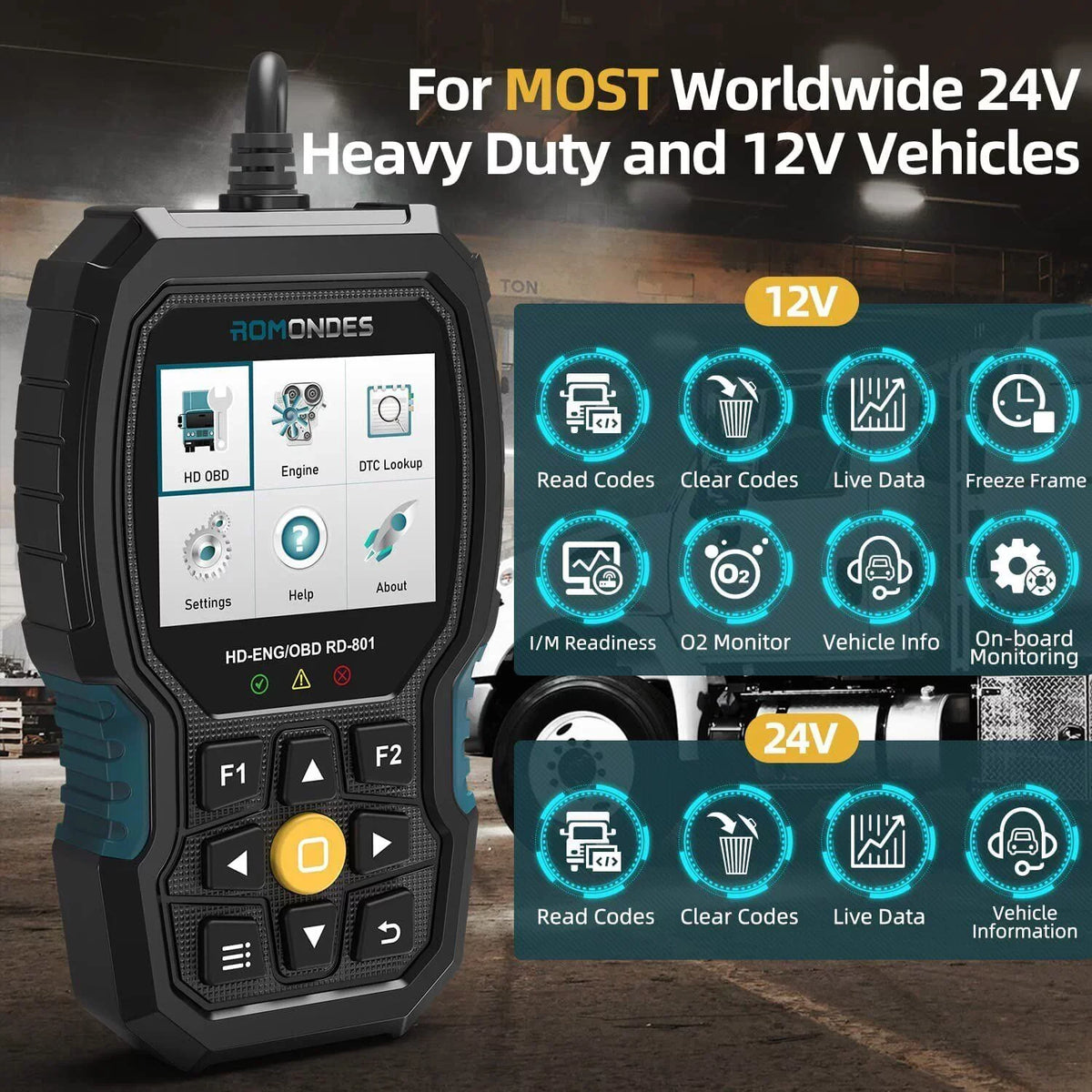 Romondes RD801 OBD2 Scanner Code Reader Heavy Duty Truck Diesel Truck Scanner Diagnostic Tool