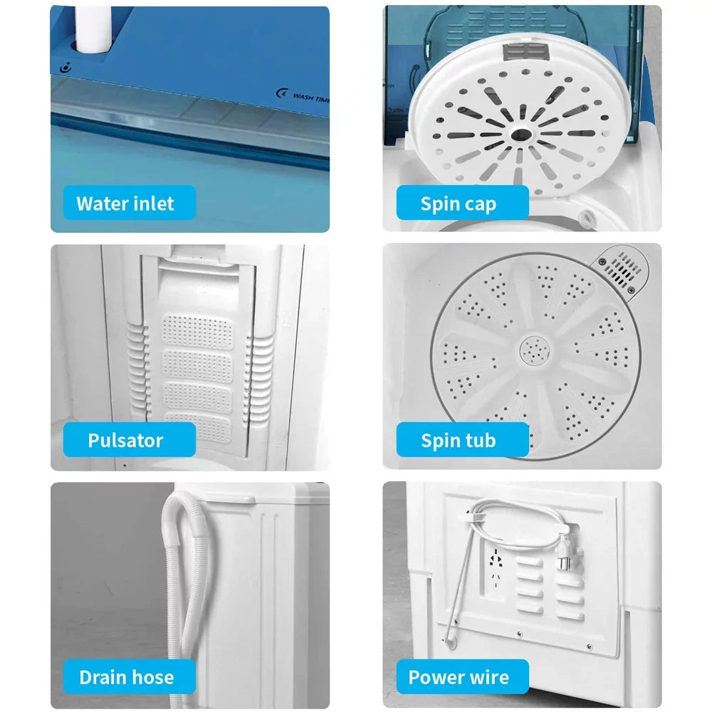 BMTBUY Twin Tub with Built-in Drain Pump XPB65-2288S 26Lbs Semi-automatic Twin Tube Washing Machine for Apartment, Dorms, RVs, Camping and More, White&Blue