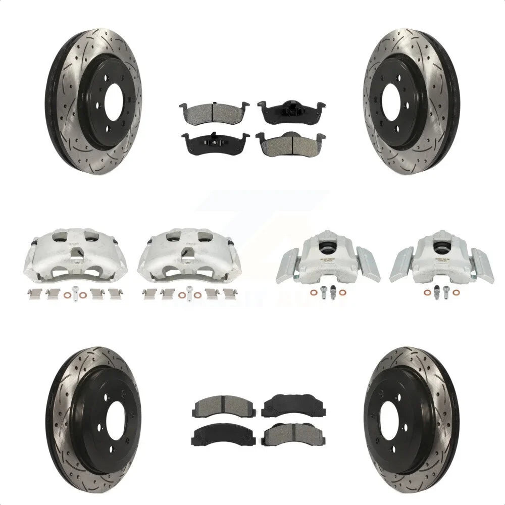 Transit Auto Front Rear Disc Brake Coated Caliper Drilled Slotted Rotors And Semi-Metallic Pads Kit (10Pc) For 2010-2017 Ford Expedition Lincoln Navigator KCD-100310S