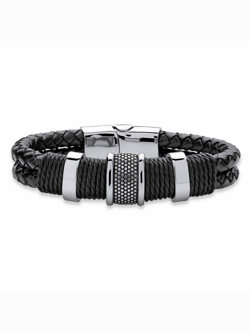 PalmBeach Jewelry Men's Tribal With Magnetic Clasp in Stainless Steel and Braided Black Leather 8"