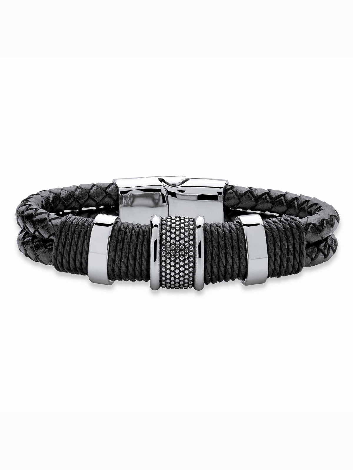 PalmBeach Jewelry Men's Tribal With Magnetic Clasp in Stainless Steel and Braided Black Leather 8"