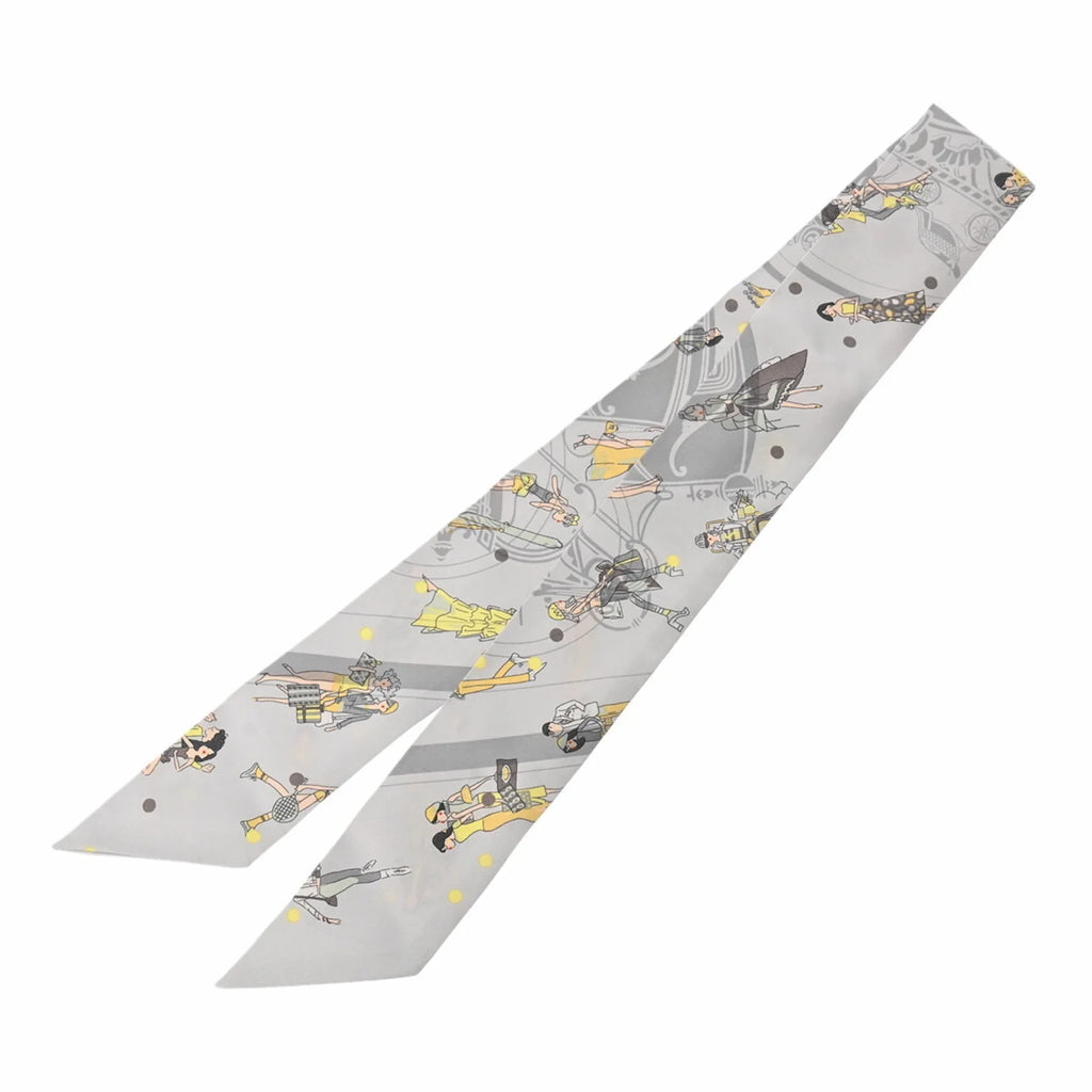 Pre-Owned HERMES Twilly EX-LIBRIS LES PARISIENNES Grey Women's 100% Silk Scarf Muffler (Good)