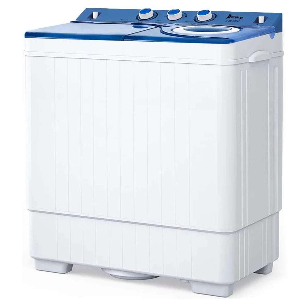 BMTBUY Twin Tub with Built-in Drain Pump XPB65-2288S 26Lbs Semi-automatic Twin Tube Washing Machine for Apartment, Dorms, RVs, Camping and More, White&Blue