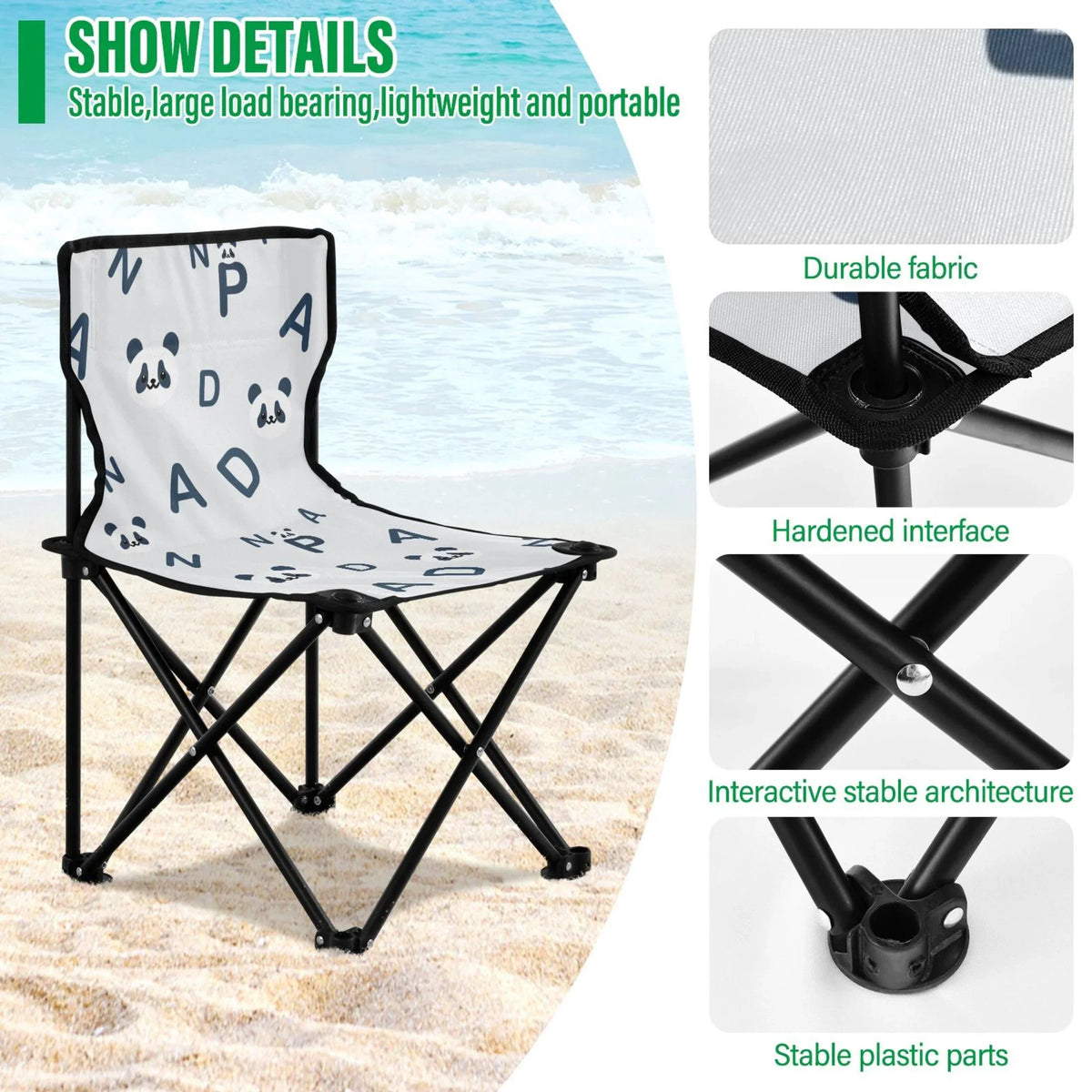 Cartoon Pandas and Alphabet Portable Camping Chair Small for Kids Outdoor Folding Beach Chair Fishing Chair Lawn Chair with Carry Bag
