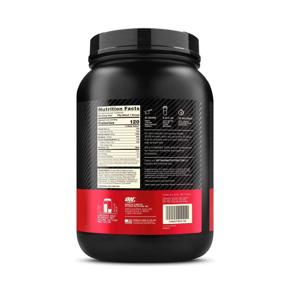 Optimum Nutrition, Gold Standard 100% Whey Protein Powder, 24g Protein, Extreme Milk Chocolate, 2 lb, 28 Servings