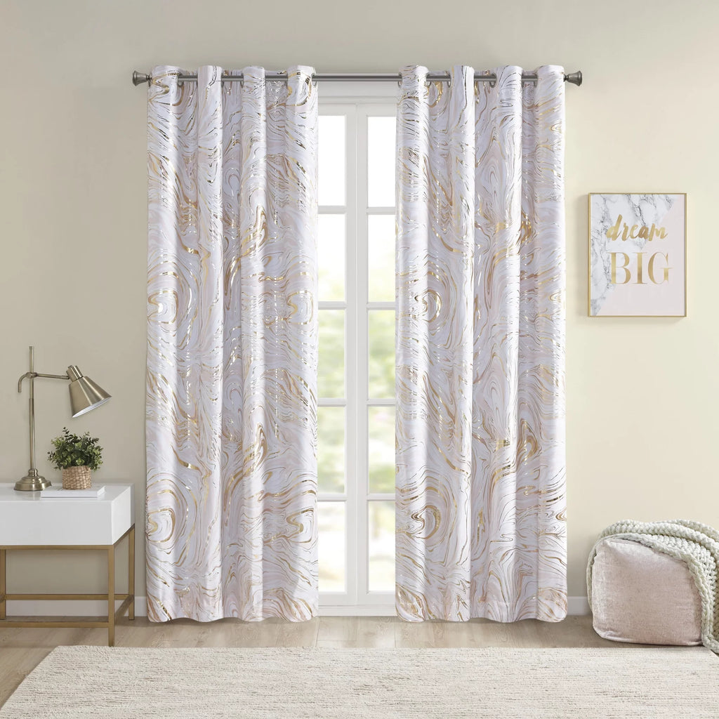 Intelligent Design Rebecca Grommet Top Printed Marble Metallic Total Blackout Curtain, Blush/Gold, 50x84"