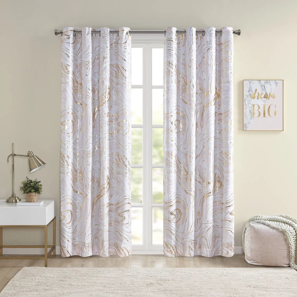 Intelligent Design Rebecca Grommet Top Printed Marble Metallic Total Blackout Curtain, Blush/Gold, 50x84"